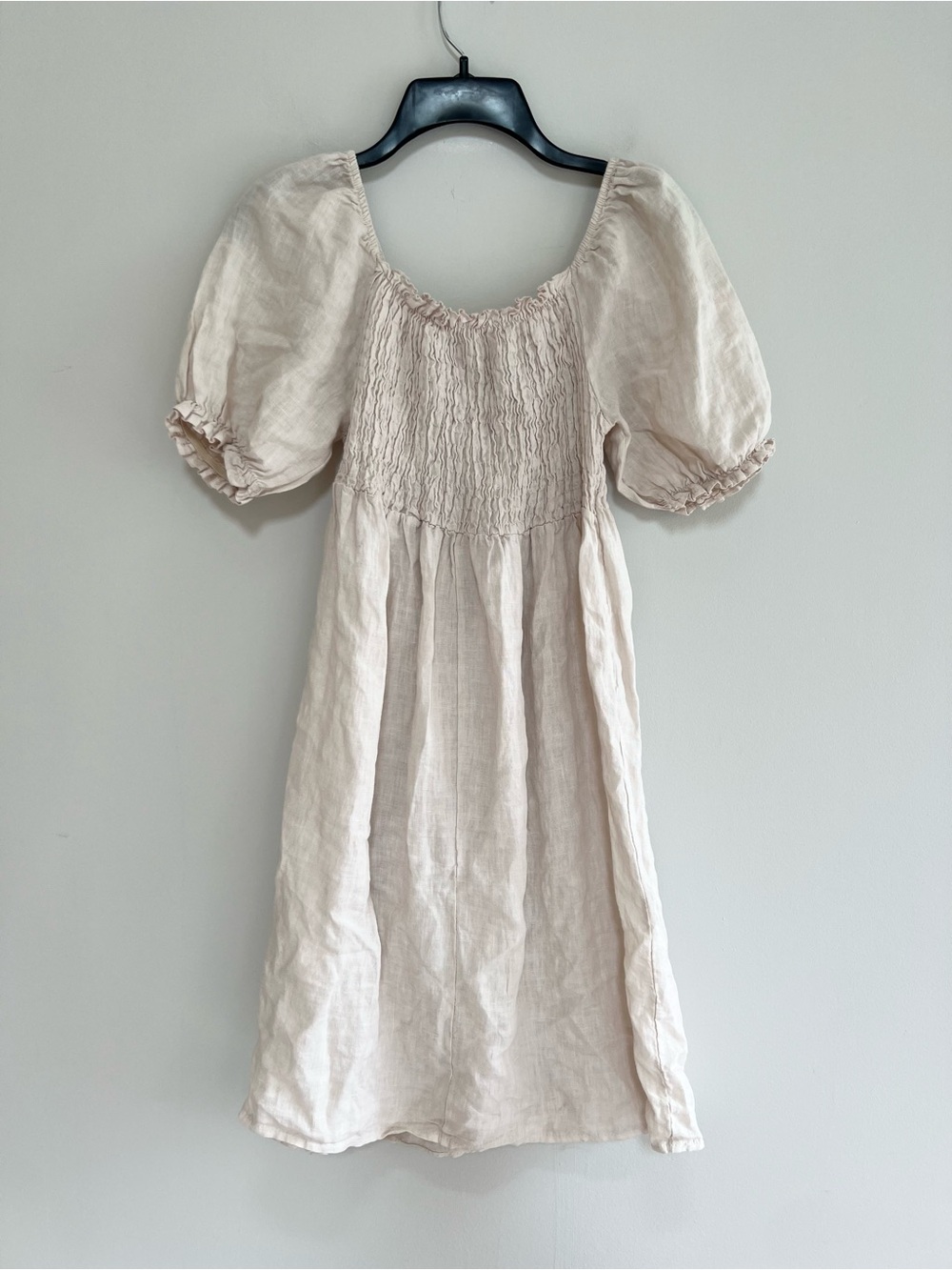Bellambra Italian Linen Smocked Puff Sleeve Boho Dress Natural Beige size Small - Picture 3 of 9